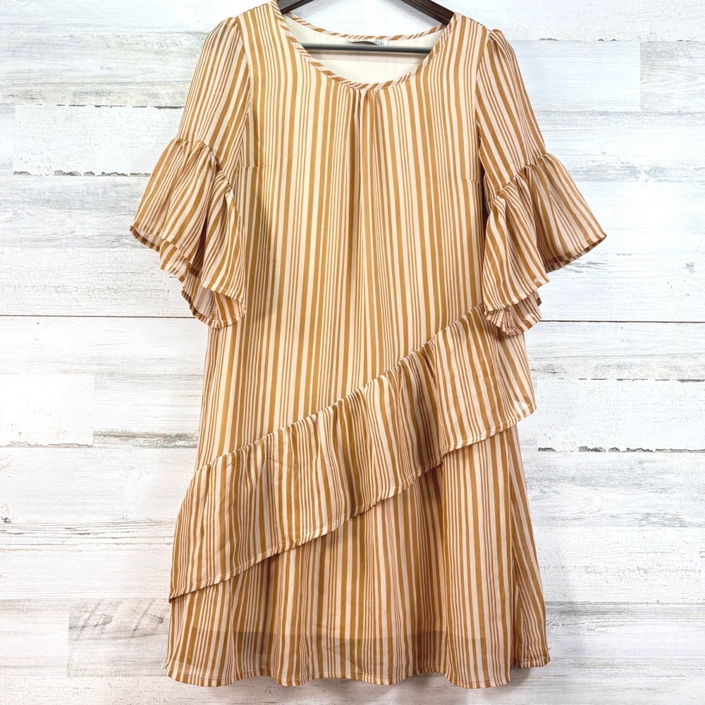 DEX Womens Mustard Yellow Striped Ruffle Tiered Bell Sleeve Shift Dress Size‎ M